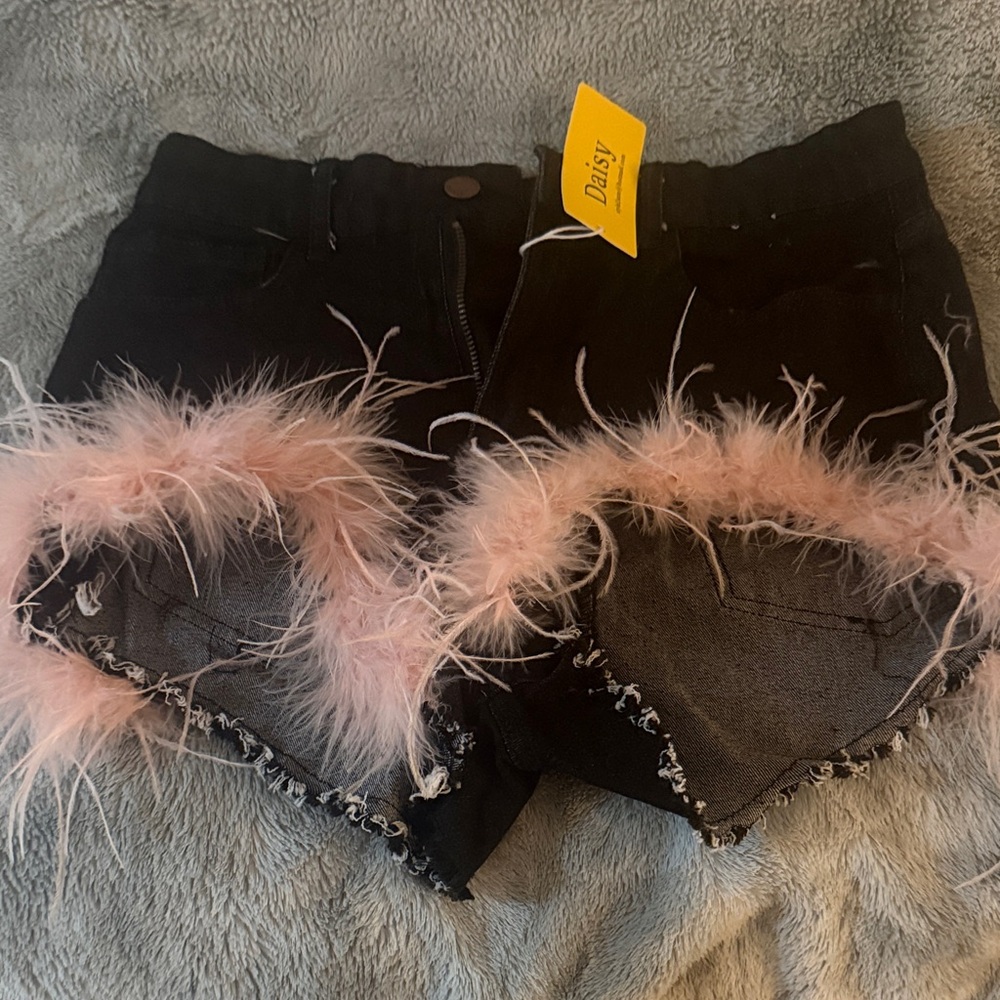 Black Shorts with Pink Feather Trim